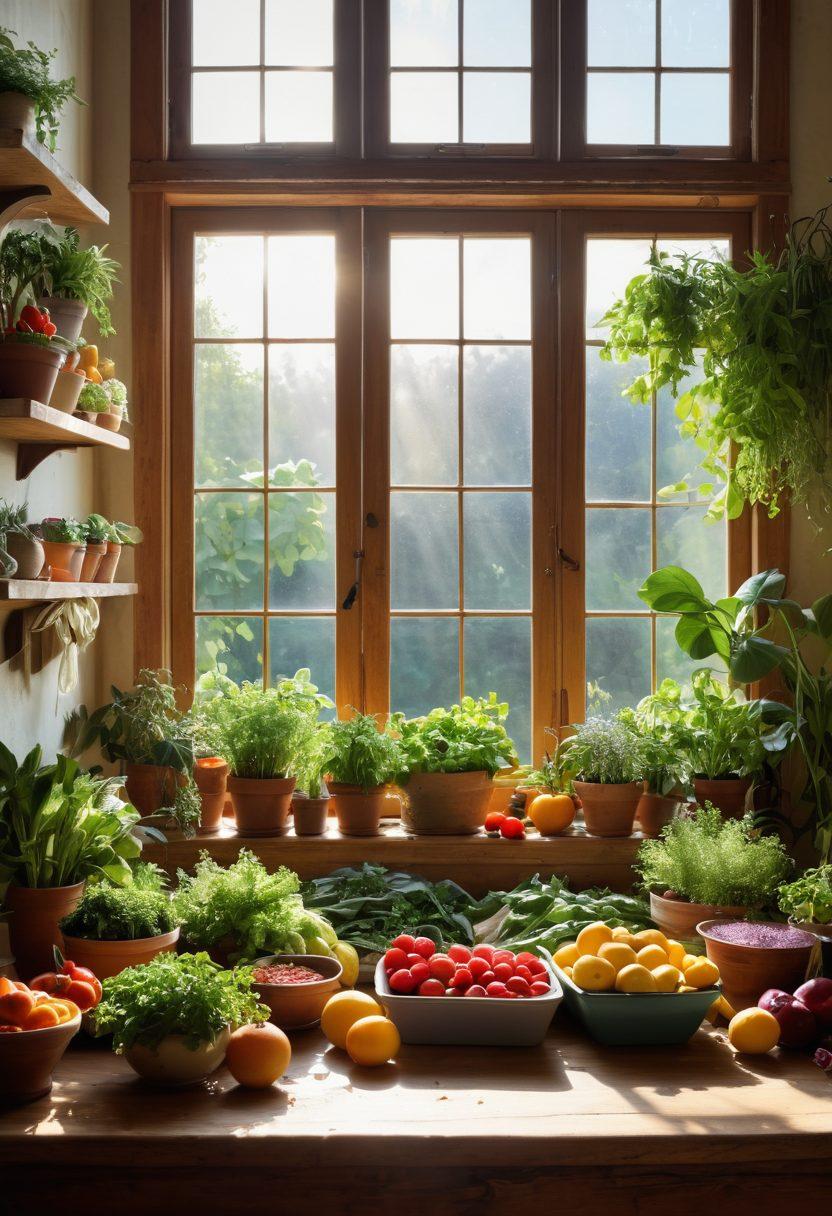A vibrant, sunlit kitchen scene showcasing a diverse array of colorful fruits, vegetables, and whole grains arranged artistically on a wooden table. In the background, a person is seen preparing a healthy, plant-based meal with a focus on sustainability: reusing jars, composting scraps, and cultivating herbs on a windowsill. Infuse the image with elements of nature, such as potted plants and sunlight streaming through the window, promoting a thriving, healthy lifestyle. super-realistic. vibrant colors. warm and inviting atmosphere.