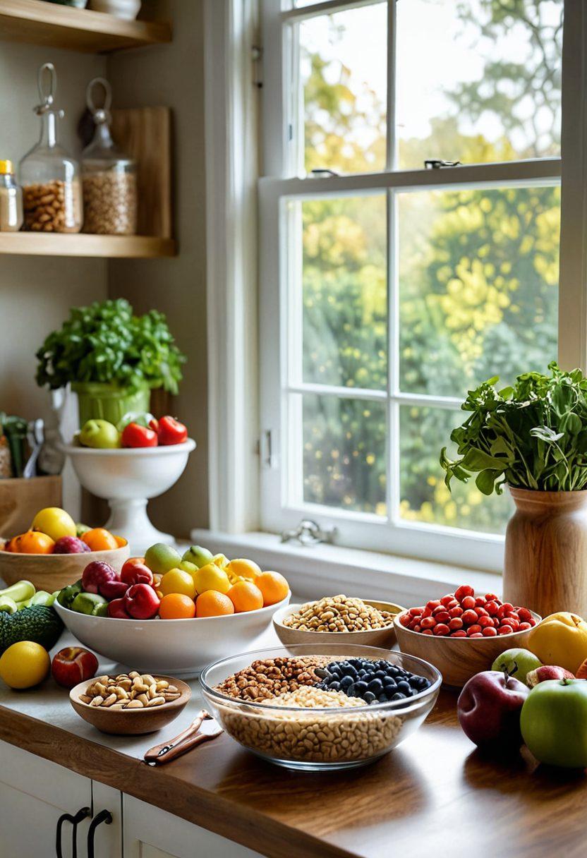 A vibrant kitchen scene showcasing a diverse array of fresh fruits, vegetables, and whole grains, with a scale and healthy meal prep in the foreground. Include a measuring tape artistically draped around a bowl of nuts to symbolize effective weight management. Soft sunlight streaming through a window emphasizing a warm and inviting atmosphere, promoting a healthy lifestyle. super-realistic. vibrant colors. natural light.