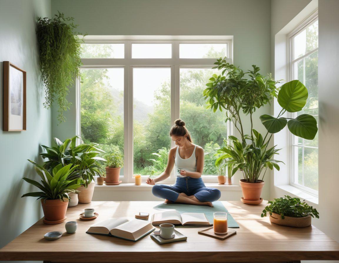 A serene indoor scene featuring a person meditating with a journal and a smoothie in hand, surrounded by plants and sunlight streaming in. Elements like a clock showing morning time and a few healthy snacks nearby symbolize the importance of daily habits. Incorporate a calming color palette of greens and blues to evoke wellness and tranquility. super-realistic. vibrant colors. white background.